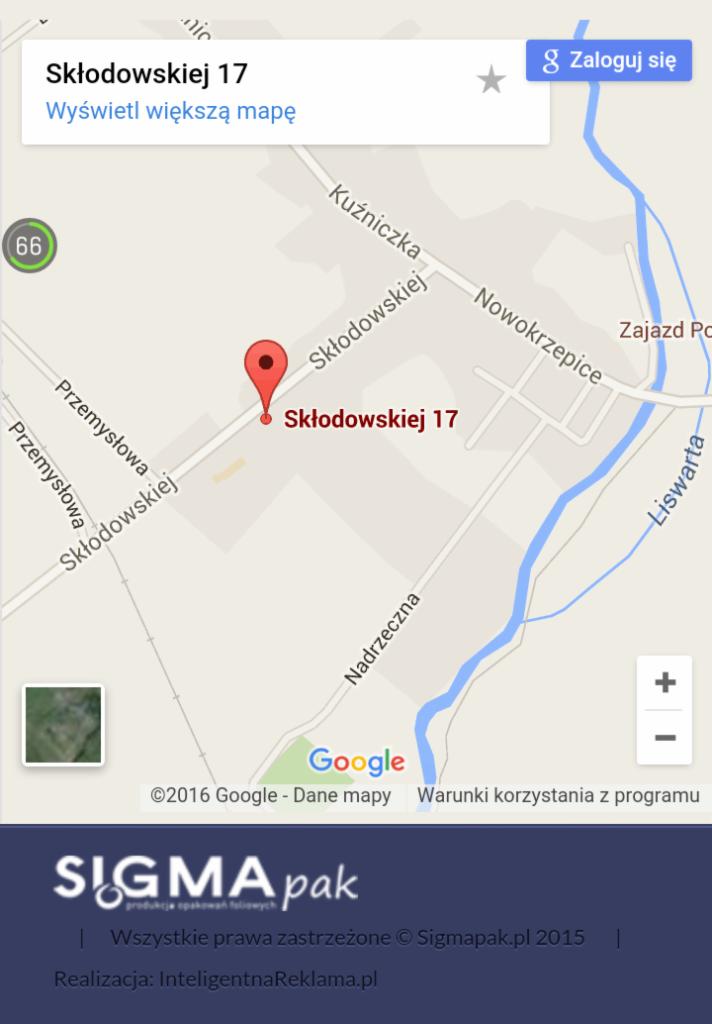 Mapa z pinezką wskazującą adres Skłodowskiej 17, z logo Sigmapak na dole. Produkcja opakowań foliowych. Widok z góry.