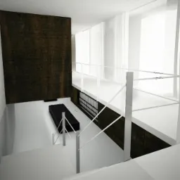 Wizualizacja wnętrza w minimalistycznym stylu: białe ściany, drewniana okładzina, czarna sofa, białe schody z metalową balustradą i zasłony w oknach.