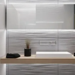 Nowoczesna łazienka z teksturowanymi, poziomymi płytkami ściennymi w odcieniach szarości i bieli, podświetlona listwą LED, z drewnianym blatem, na którym znajduje się biała umywalka nablatowa...