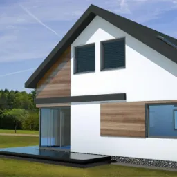 Wizualizacja nowoczesnego domu z białymi ścianami, drewnianą okładziną, czarnym dachem i minimalistyczną bryłą, otoczonego zielonym trawnikiem i drzewami, z logo firmy w lewym górnym rogu.