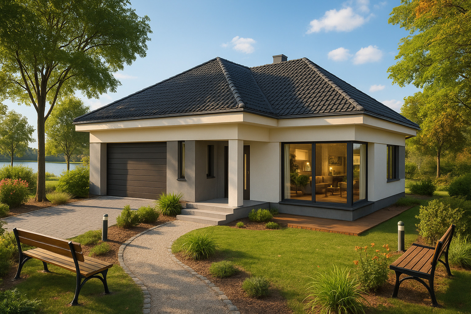 Nowoczesny dom jednorodzinny z garażem w Złotym Stoku, otoczony zielenią i ścieżką z kamienia. Widok z przodu, z ławkami w ogrodzie i dużymi oknami.