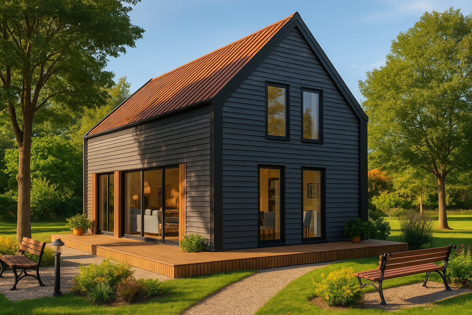 Nowoczesny dom z ciemną elewacją i drewnianym tarasem, otoczony zielenią. Widoczne duże okna i ścieżka prowadząca do budynku. Charakterystyczny dach w kolorze miedzianym.