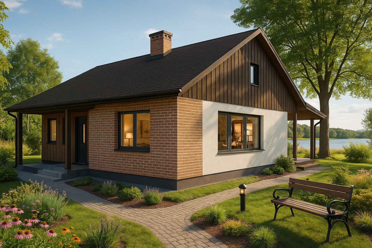 Parterowy dom z ceglaną elewacją i drewnianą okładziną, otoczony zielonym ogrodem z ławką i ścieżką z kostki. Widok na jezioro w tle.