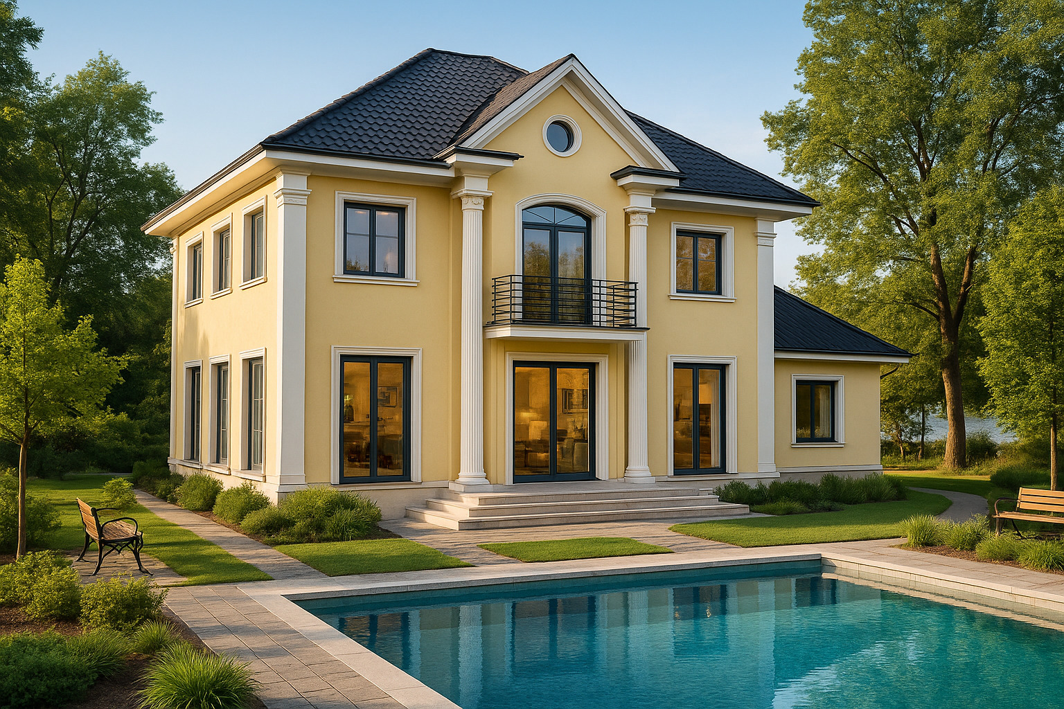 Żółty dom z basenem w słoneczny dzień. Widoczne kolumny, balkon i zadbany ogród. Wnętrze domu oświetlone, co dodaje ciepła. Architektura klasyczna z nowoczesnymi akcentami.