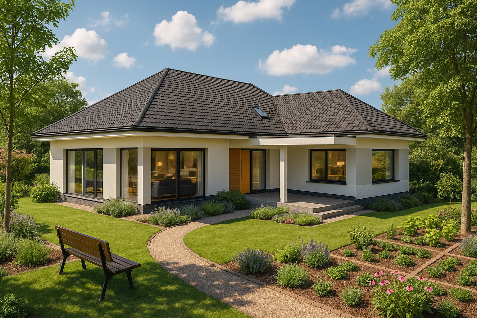 Elegancki, parterowy dom z ciemną dachówką, dużymi oknami i zadbanym ogrodem. Ścieżka z jasnego żwiru prowadzi do wejścia. W tle drzewa i błękitne niebo.
