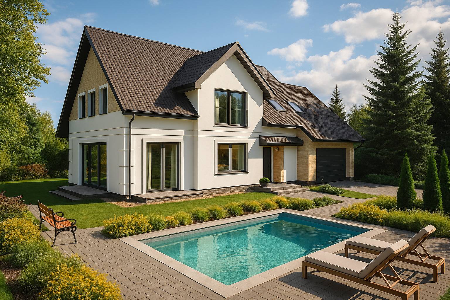 Nowoczesny dom jednorodzinny z basenem w ogrodzie, jasna elewacja, ciemny dach, minimalistyczny design, leżaki przy basenie, zadbany trawnik i roślinność.