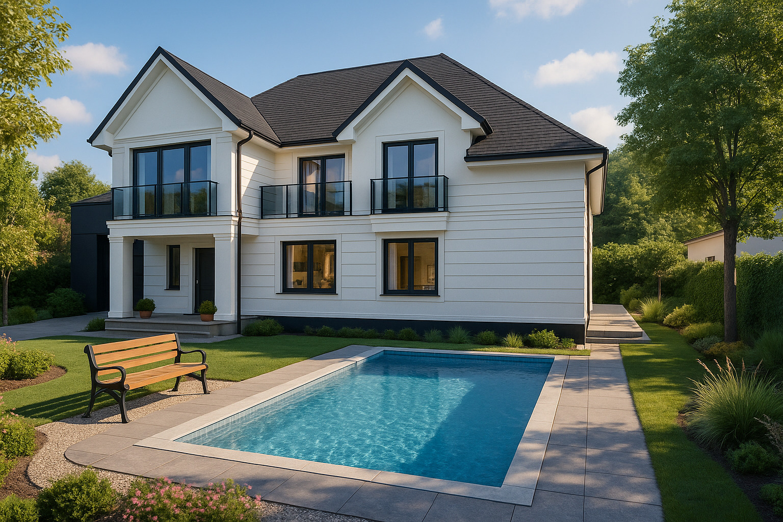 Elegancki, dwukondygnacyjny dom z basenem i balkonami. Biała elewacja z ciemną stolarką okienną. Uwagę przykuwa starannie zaprojektowany ogród i ławka.