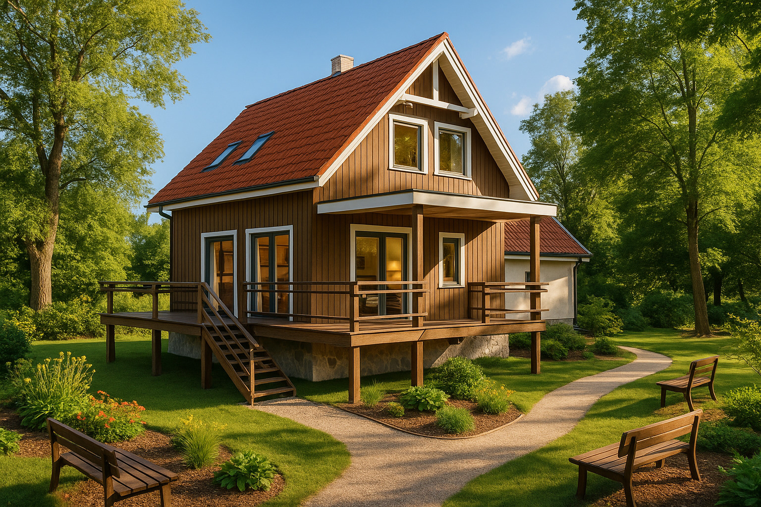 Nowoczesny dom z brązową elewacją i czerwonym dachem, otoczony zielenią. Widoczny taras z drewnianą balustradą i ścieżka z ławkami w ogrodzie.