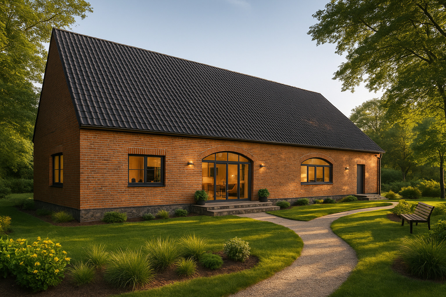 Elewacja domu z czerwonej cegły z czarnym dachem, oświetlona ciepłym światłem zachodzącego słońca, otoczona zielonym trawnikiem i ścieżką. Widoczna ławka w ogrodzie.