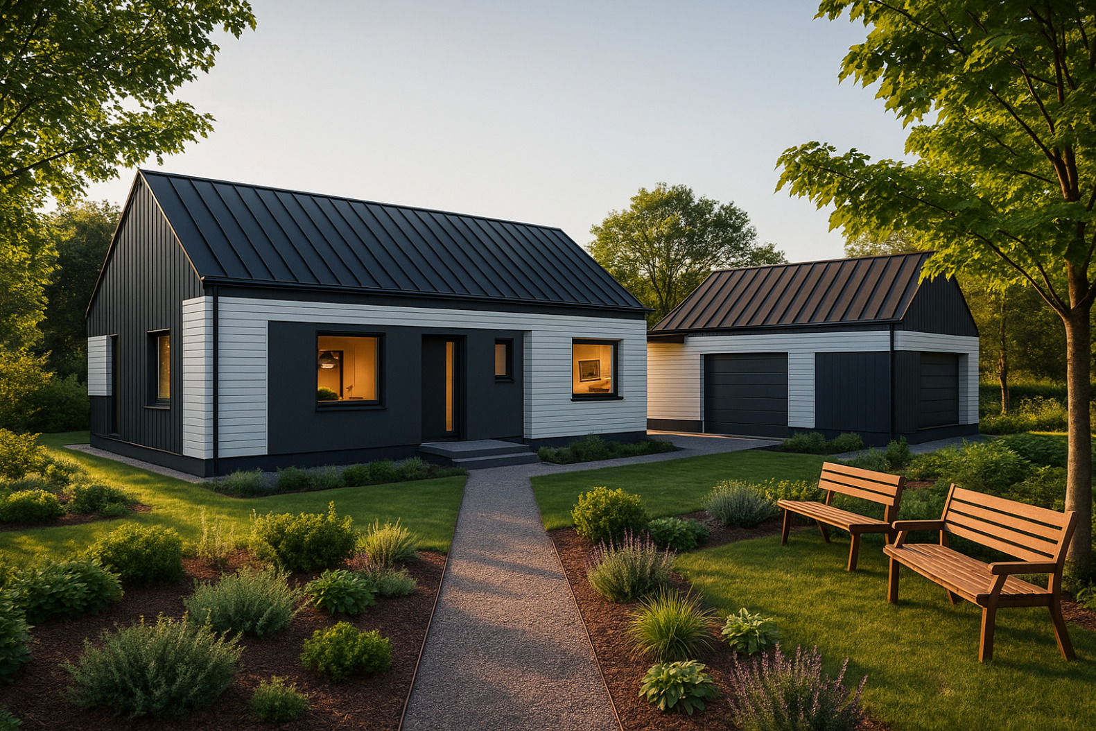 Nowoczesny dom jednorodzinny z garażem w stylu skandynawskim, z czarnym dachem i białymi panelami, otoczony zielonym ogrodem z dwoma drewnianymi ławkami.