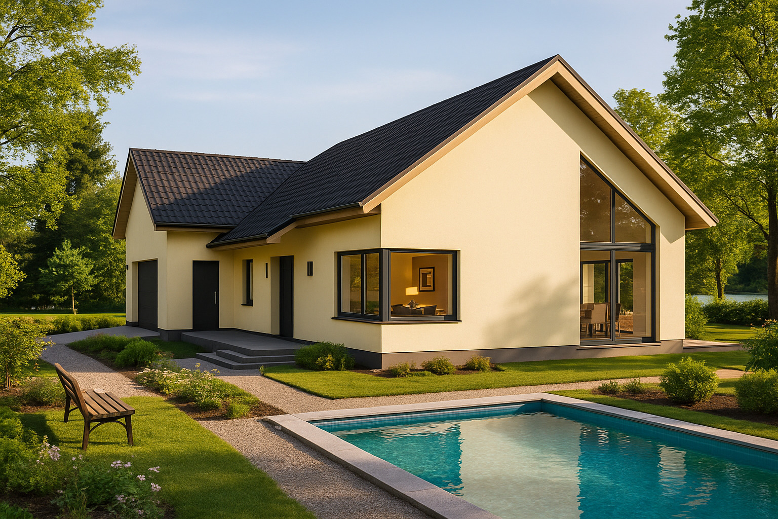 Nowoczesny dom z basenem w ogrodzie, jasna elewacja, ciemny dach, duże okna, minimalistyczny design, ławka w pobliżu ścieżki, spokojna atmosfera.