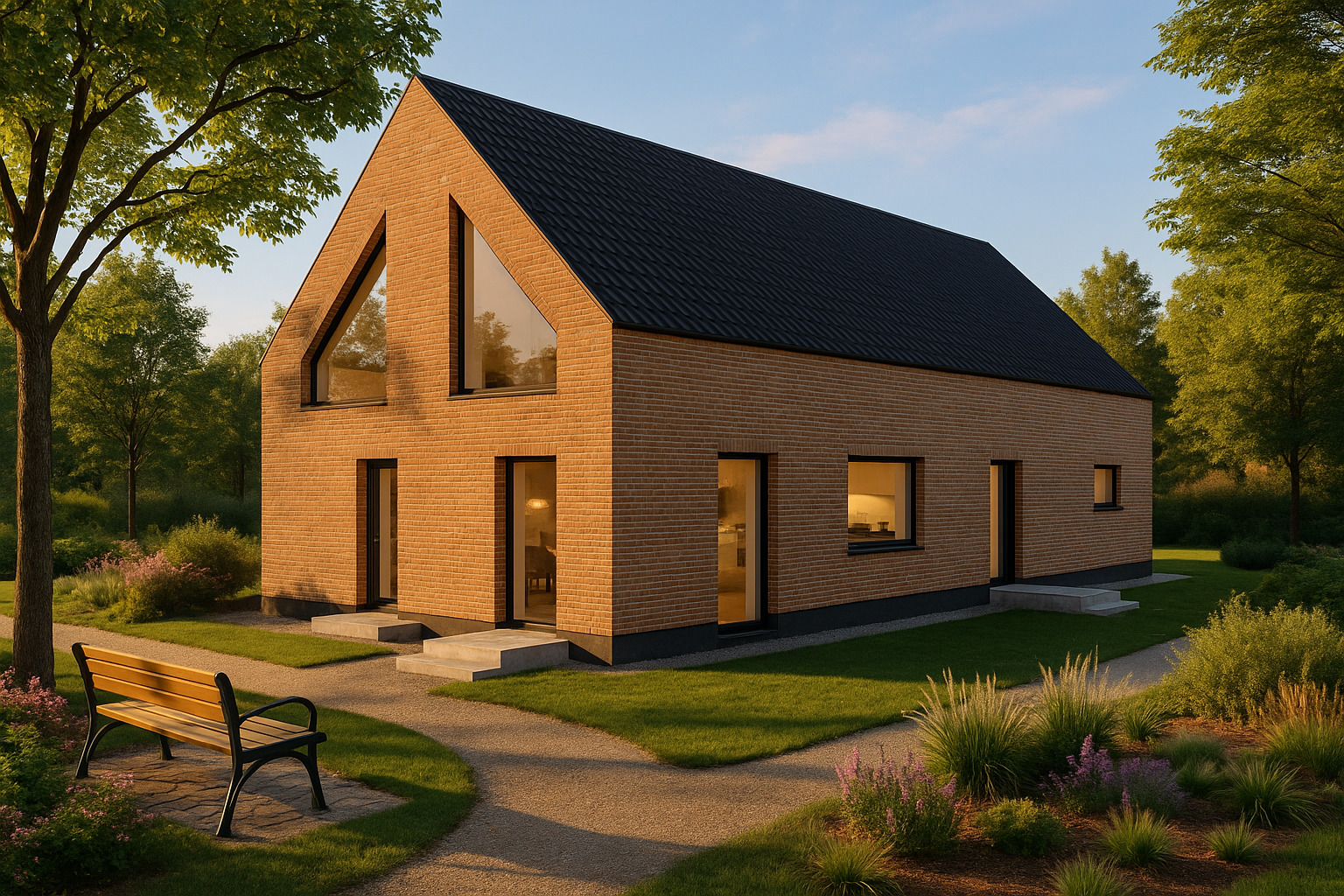 Nowoczesny dom z cegły klinkierowej z czarnym dachem, dużymi oknami i ławką w ogrodzie. Minimalistyczny design, ciepłe oświetlenie wnętrza widoczne przez okna.
