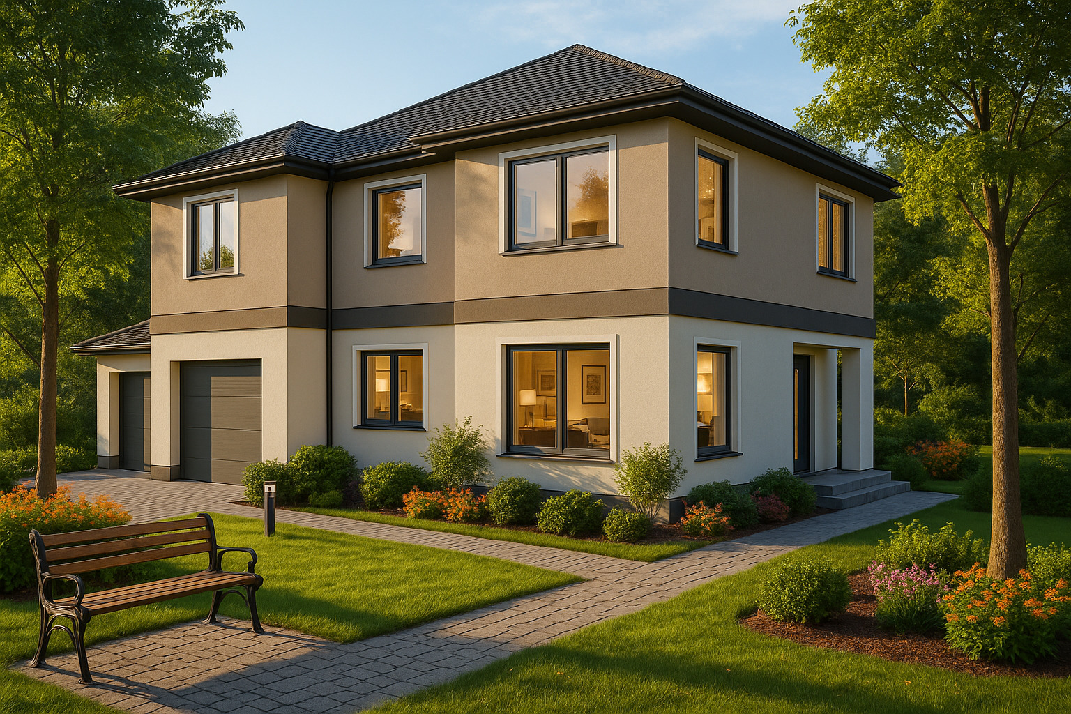 Dwukondygnacyjny dom z garażem, w ciepłych odcieniach beżu i bieli, otoczony zielenią. Widoczny chodnik z kostki, ławka i starannie utrzymany ogród.