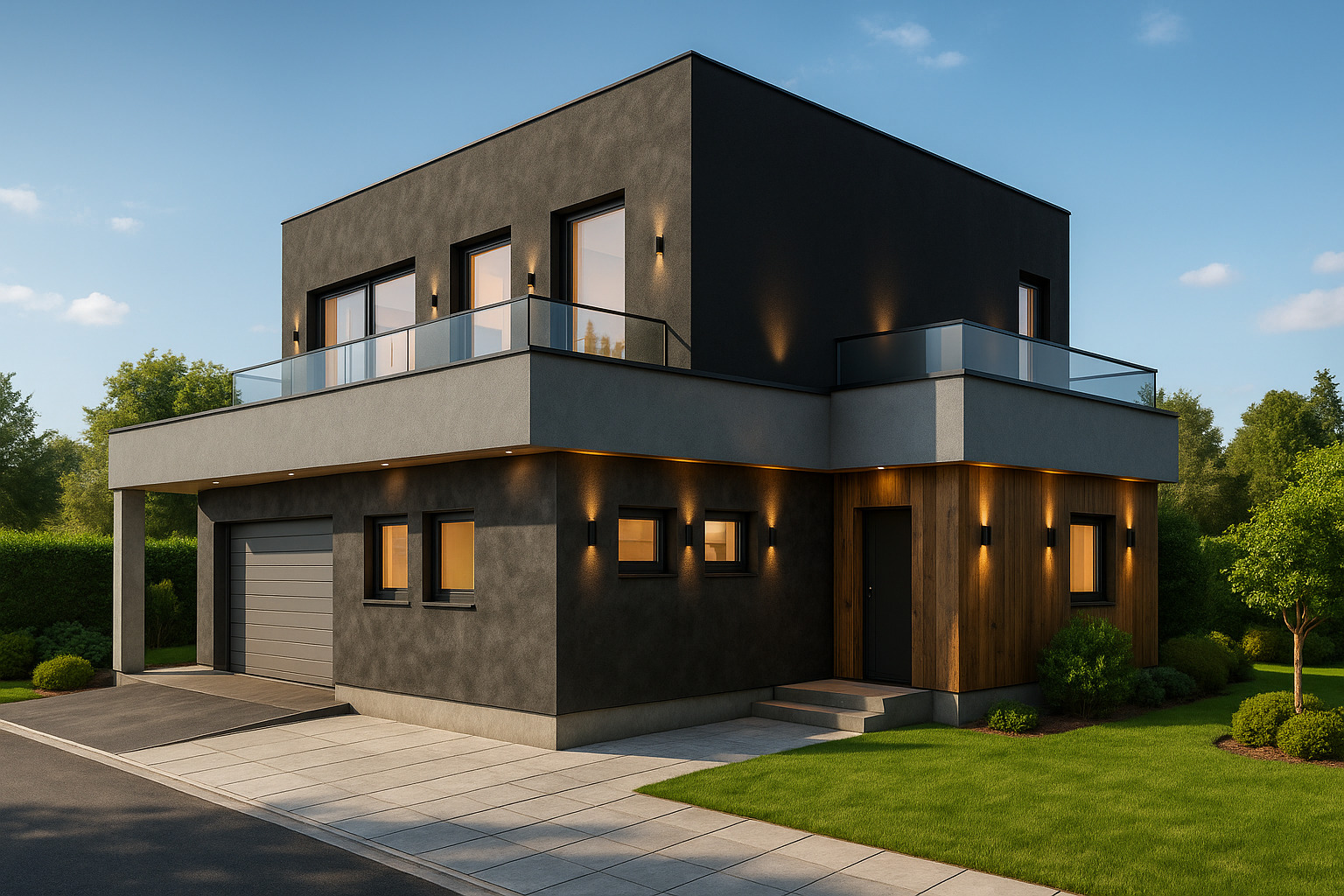 Nowoczesny, dwukondygnacyjny dom z płaskim dachem, wykończony w odcieniach szarości i drewna, z balkonem z szklaną balustradą i oświetleniem elewacyjnym.