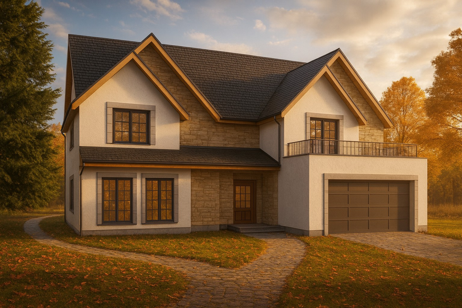 Dwukondygnacyjny dom z garażem, wykończony w bieli i kamieniu, z ciemną stolarką okienną i brukowaną ścieżką w jesiennym otoczeniu.