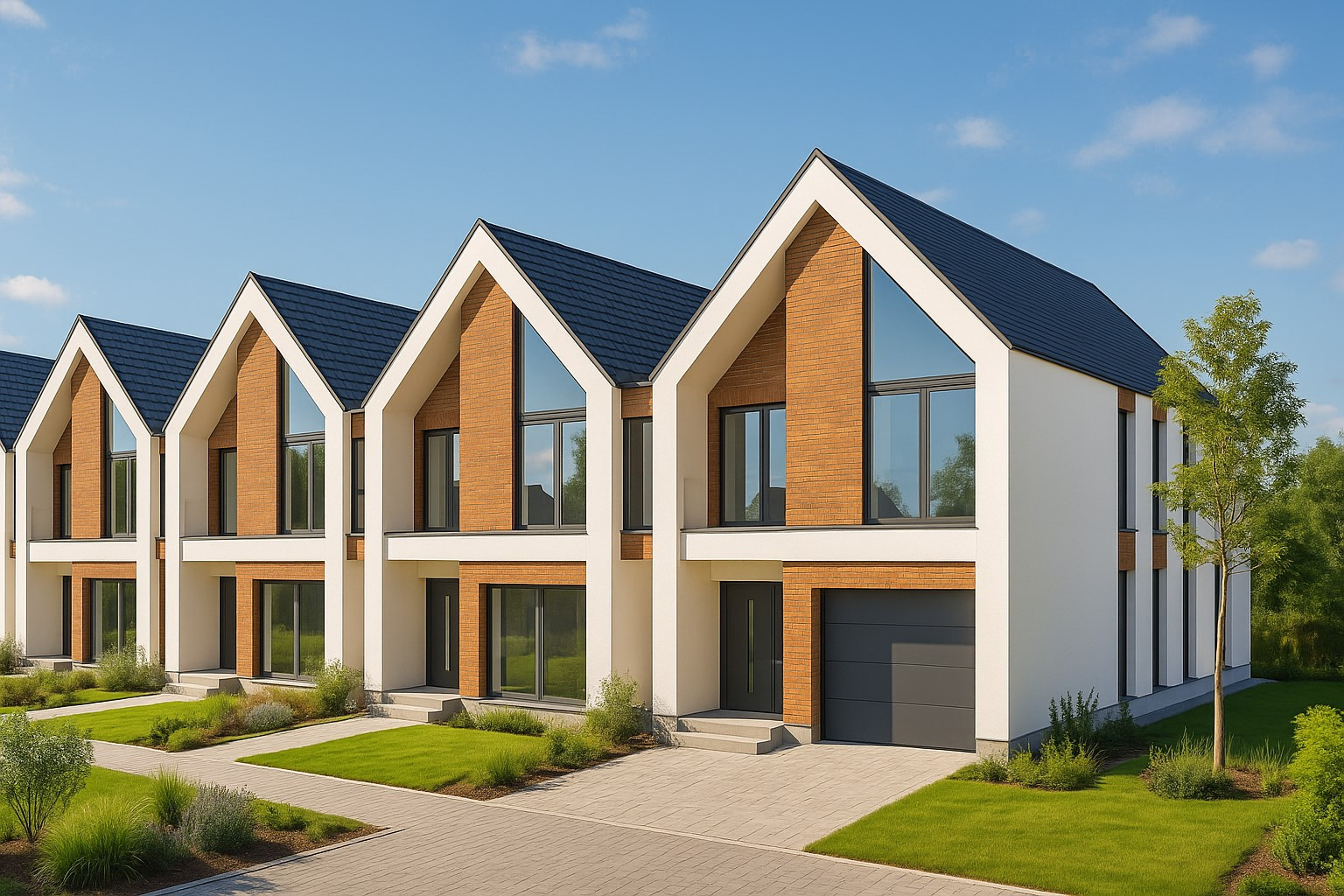 Szereg domów jednorodzinnych z dwuspadowymi dachami i dużymi oknami, wykończonych cegłą i białym tynkiem, otoczonych zielenią. Nowoczesna architektura.