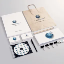 Zestaw identyfikacji wizualnej firmy T-Webdesign, obejmujący papier firmowy, torbę papierową, wizytówki, płytę CD, pendrive, długopis i klipsy biurowe, wszystko utrzymane w spójnej stylistyce...