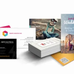 Kompozycja różnorodnych kart biznesowych, w tym czarna karta elektryka z symbolem błyskawicy, karta logistyczna w kolorach tęczy, karta fotografa z dzieckiem w okularach lotniczych i karta...