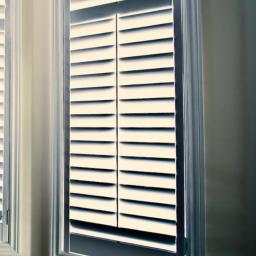 Wood & Iron Manufacture - Zamknięte, białe żaluzje okienne w eleganckiej ramie, z widocznym fragmentem drugiej żaluzji po lewej stronie. Stonowana kolorystyka, subtelne cieniowanie.