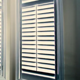 Zamknięte, białe żaluzje okienne w eleganckiej ramie, z widocznym fragmentem drugiej żaluzji po lewej stronie. Stonowana kolorystyka, subtelne cieniowanie.