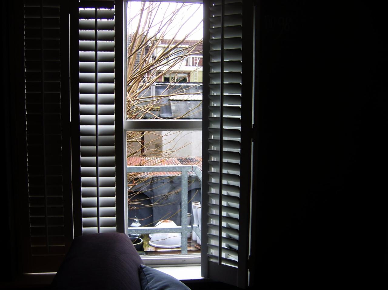 Widok z okna z białymi żaluzjami na balkon z metalową balustradą i drzewem bez liści w tle. Częściowo widoczny fotel w ciemnym pomieszczeniu.