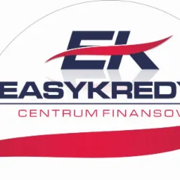 Graficzne logo 'EasyKredyt Centrum Finansowe' w kolorach granatowym i czerwonym, umieszczone na białym tle z subtelnymi elementami dekoracyjnymi.