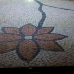 Ozdobny chodnik z kostki brukowej ułożony w motyw kwiatowy z ciemną żyłką wzdłuż krawędzi ścieżki.