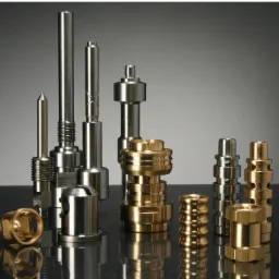 Precyzyjne, metalowe elementy o różnych kształtach i wykończeniach, w tym złote i srebrne, leżące na czarnej, błyszczącej powierzchni z szarym tłem.