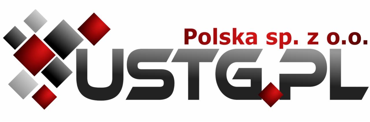 Logo firmy USTG.PL Polska sp. z o.o. z szarymi i czerwonymi elementami graficznymi w kształcie rombów na białym tle.