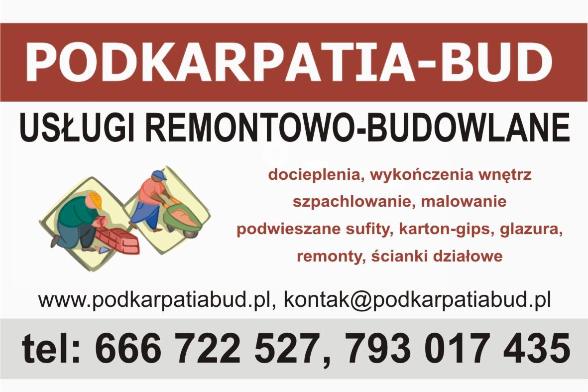 Grafika z nazwą firmy Podkarpacia-Bud i ofertą usług remontowo-budowlanych, w tym docieplenia, wykończenia wnętrz i malowanie, z danymi kontaktowymi.