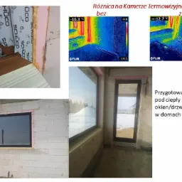 Montaż okien i drzwi z izolacją XPS, widoczne detale mocowania i uszczelniania, oraz por&oacute;wnanie termowizyjne.