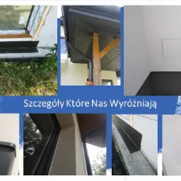 Kompozycja detali elewacji: hydroizolacja przy oknie, drewniana podpora okapu z rynną, rewizja na elewacji, narożnik rynny, okno z obróbką blacharską. Napis na zdjęciu: Szczegóły które nas wyróżniają.