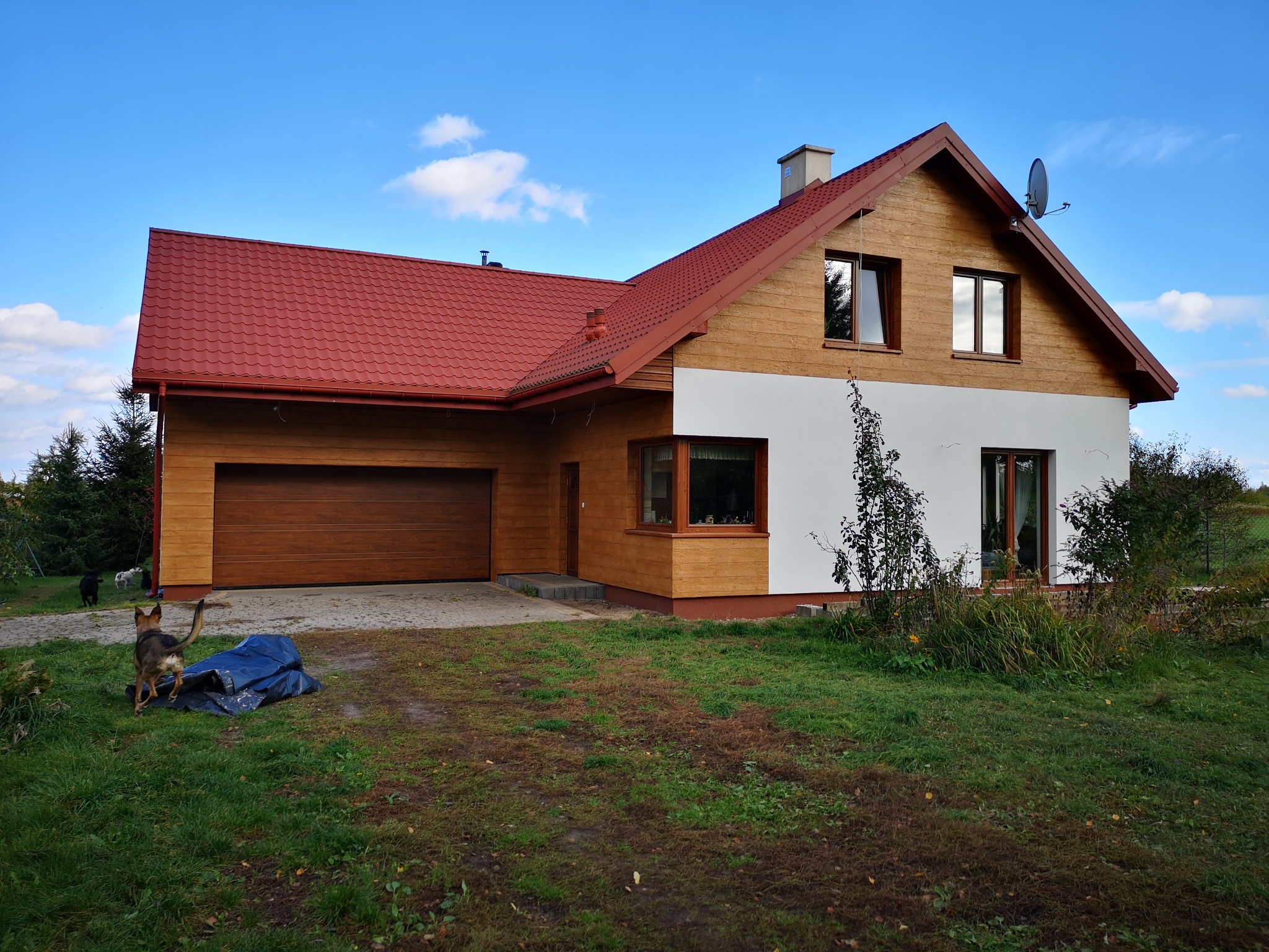 Dom jednorodzinny z drewnianą elewacją, czerwoną dachówką i białą ścianą, z widocznym psem rasy owczarek niemiecki na trawniku.