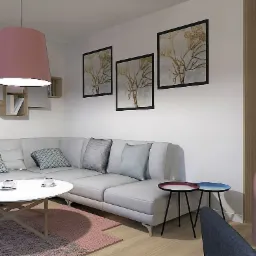 Wizualizacja salonu z narożną sofą, okrągłym stolikiem kawowym z dwoma filiżankami, różowym dywanem i wiszącą lampą w tym samym kolorze. Na ścianie wiszą obrazy w czarnych ramach, a obok sofy...