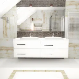 Jasna łazienka na poddaszu z umywalką nablatową, grzejnikiem drabinkowym i lustrem z mozaiką, wykończona płytkami imitującymi marmur.