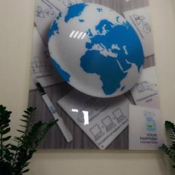 XMEDIA Agencja Reklamowa Marta Zaręba - Tablica informacyjna z hasłem 'Innowacja w zarządzaniu', globusem i rysunkami koncepcyjnymi. Obok roślina doniczkowa.