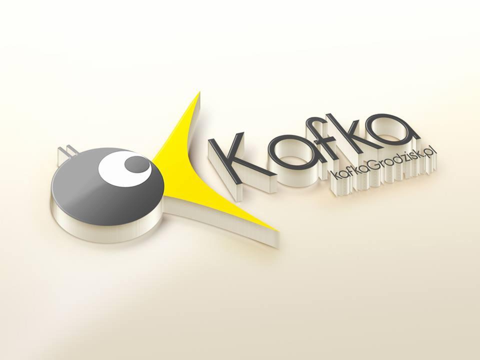 Grafika 3D z logo firmy 'Kafka' z elementami szarości, bieli i żółci na kremowym tle. Widoczny adres strony internetowej.