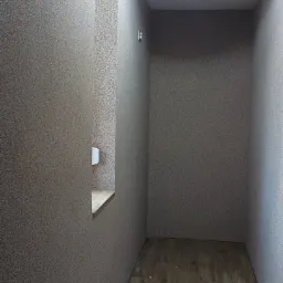 Wnętrze małego pomieszczenia z teksturowanymi ścianami w odcieniach beżu i brązu, podłoga wyłożona panelami imitującymi drewno, oświetlone pojedynczą lampą jarzeniową na suficie i wąskim oknem...