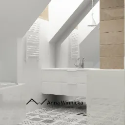 Nowoczesna łazienka na poddaszu z białymi meblami, wzorzystą podłogą i oknami dachowymi. Minimalistyczny design, jasne wnętrze z akcentami drewna.