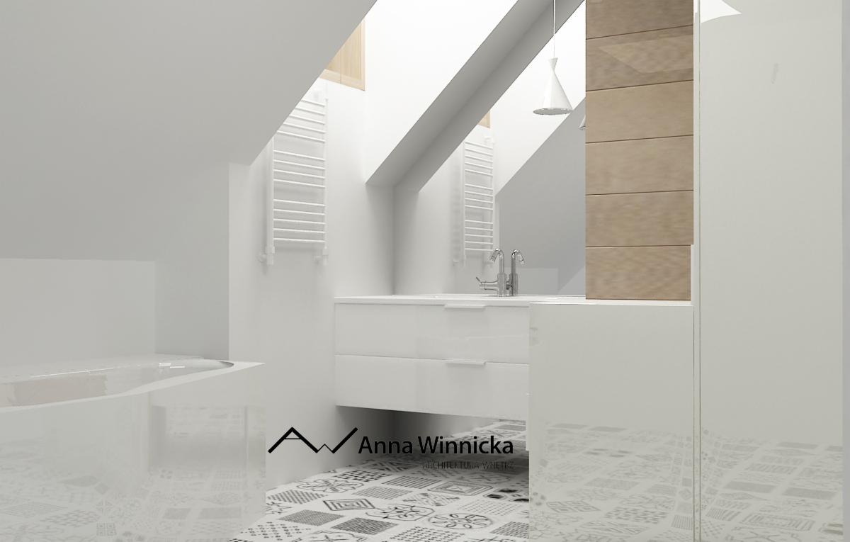Nowoczesna łazienka na poddaszu z białymi meblami, wzorzystą podłogą i oknami dachowymi. Minimalistyczny design, jasne wnętrze z akcentami drewna.