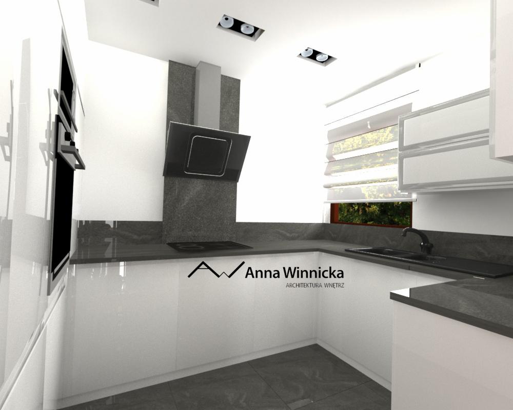 Wizualizacja nowoczesnej kuchni z białymi szafkami, szarym blatem i okapem. Uwagę zwraca minimalistyczny design i dbałość o detale, widok na okno z roletami.