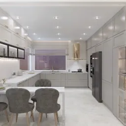 Wizualizacja jasnej kuchni w Radomiu z szarymi meblami, marmurowym blatem, oświetleniem LED i trzema szarymi krzesłami przy stole. Widoczna przeszklona witryna z dekoracyjnymi butelkami i szkłem.