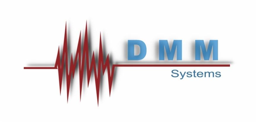 Logo DMM Systems z czerwonym symbolem fali, sugerujące pomiary i systemy elektryczne, na białym tle.