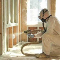 Aplikacja pianki PUR na ścianę przez pracownika w kombinezonie ochronnym. Widoczne drewniane elementy konstrukcyjne i nałożona pianka.