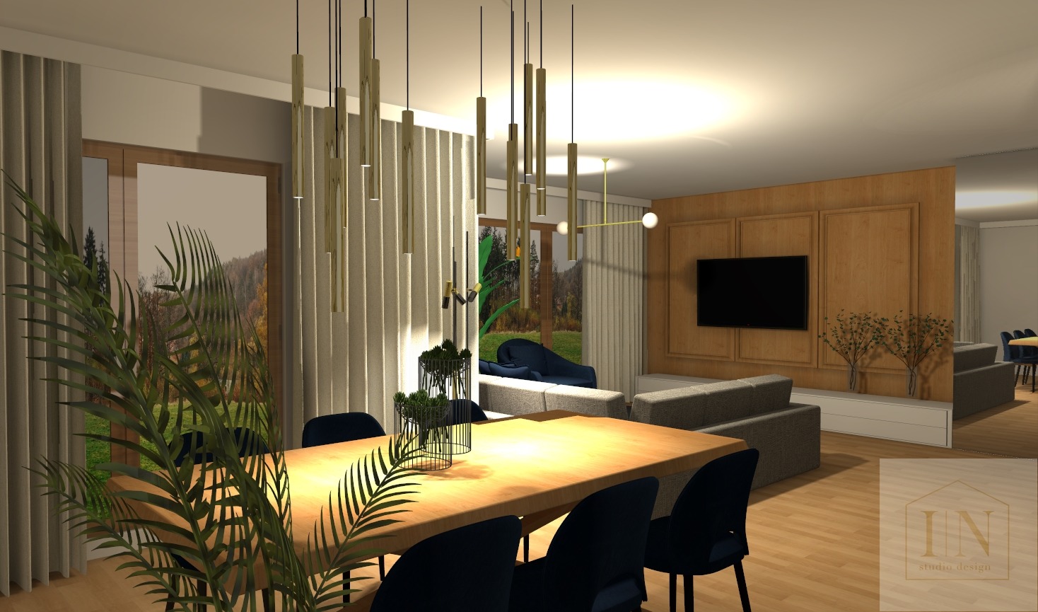 Wizualizacja przestronnego salonu z jadalnią, drewniany stół z czarnymi krzesłami, nowoczesne oświetlenie wiszące, szara sofa i telewizor na drewnianej ścianie w tle, duża roślina doniczkowa...