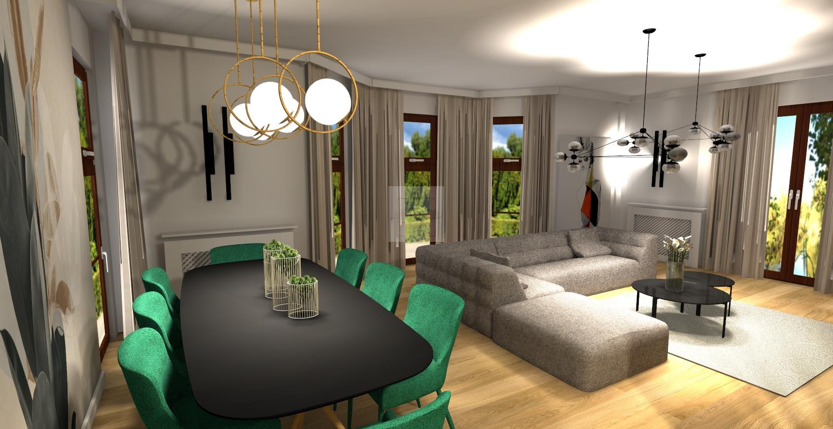 Wizualizacja wnętrza mieszkania: czarny stół z zielonymi krzesłami, szara sofa modułowa, okrągłe lampy wiszące w kolorze złotym, dekoracje ścienne i widok na zieleń za oknem.