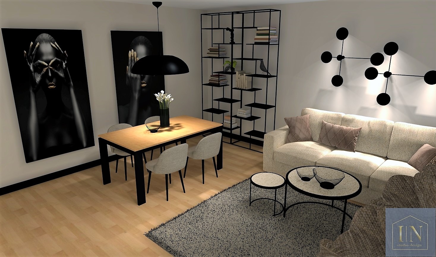 Wizualizacja salonu z drewnianym stołem, szarymi krzesłami, beżową sofą i czarnymi, nowoczesnymi dekoracjami ściennymi oraz regałem.