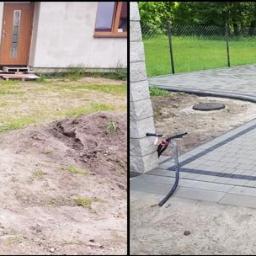SM2 Mateusz Salamon - Porównanie terenu przed i po ułożeniu kostki brukowej: po lewej ziemia z trawą i narzędziami, po prawej nowa, jasnoszara kostka z ciemniejszym obramowaniem.