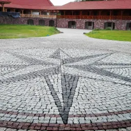 Dziedziniec z dekoracyjnym wzorem kompasu ułożonym z kostki granitowej w odcieniach szarości i czerwieni, budynek z czerwonym dachem w tle.