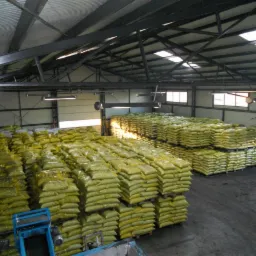 Magazyn z paletami worków w hali. Worki ułożone w rzędach, oświetlone światłem dziennym z okien dachowych. Widoczna konstrukcja dachu i fragment maszyny.